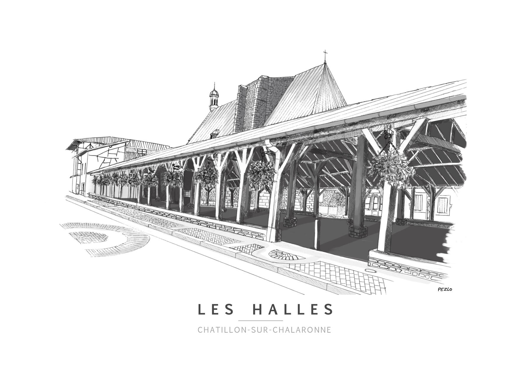 Affiche dessin à la main signé PEZLO - Les halles Chatillon sur chalaronne